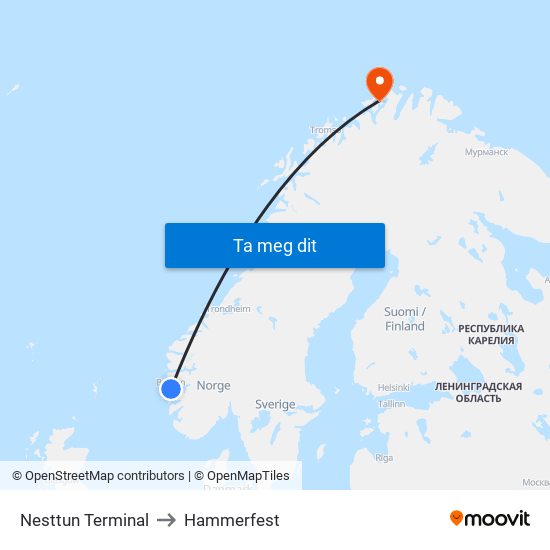 Nesttun Terminal to Hammerfest map