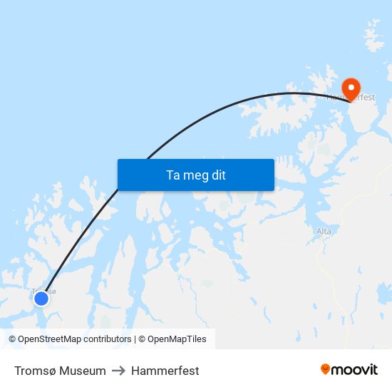Tromsø Museum to Hammerfest map