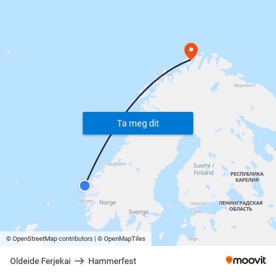 Oldeide Ferjekai to Hammerfest map