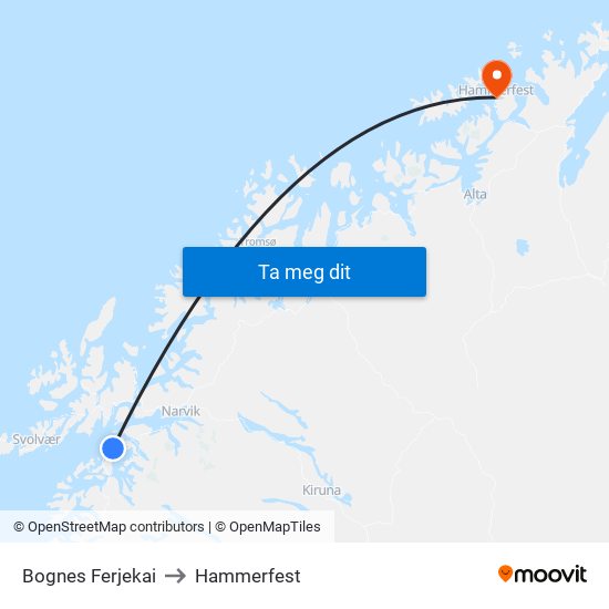 Bognes Ferjekai to Hammerfest map