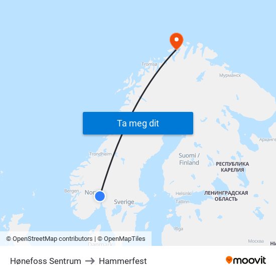 Hønefoss Sentrum to Hammerfest map