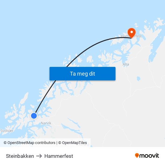 Steinbakken to Hammerfest map