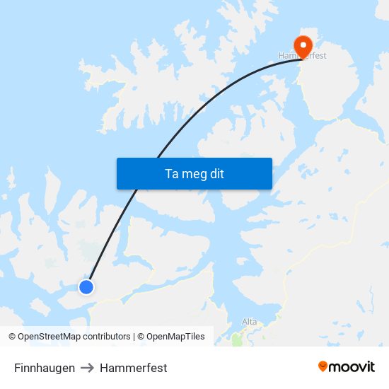 Finnhaugen to Hammerfest map