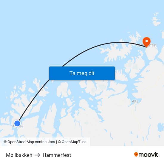 Møllbakken to Hammerfest map