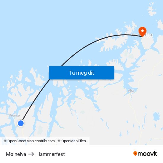 Mølnelva to Hammerfest map