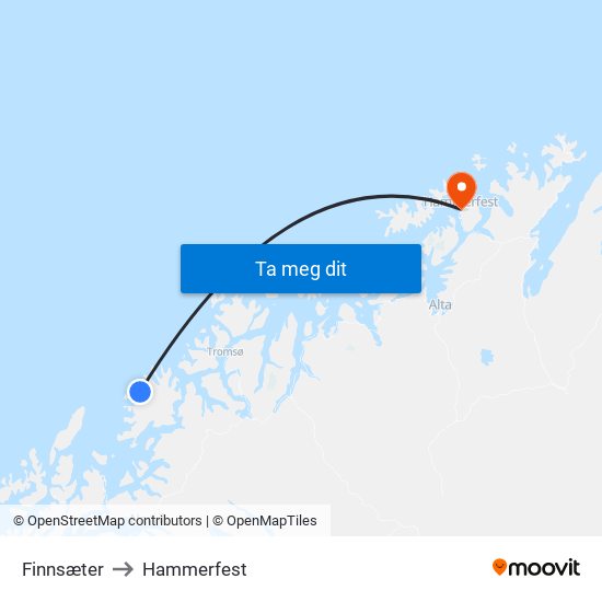 Finnsæter to Hammerfest map