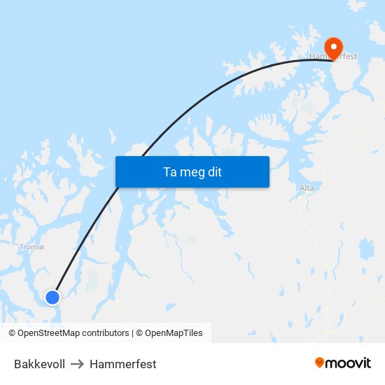Bakkevoll to Hammerfest map
