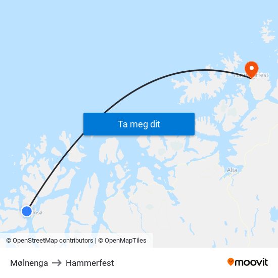 Mølnenga to Hammerfest map