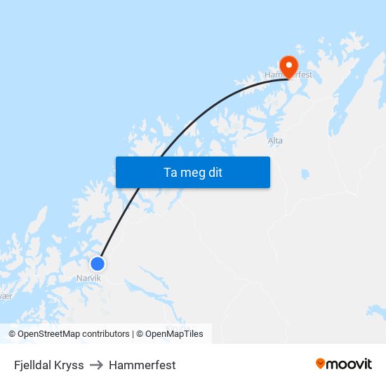 Fjelldal Kryss to Hammerfest map
