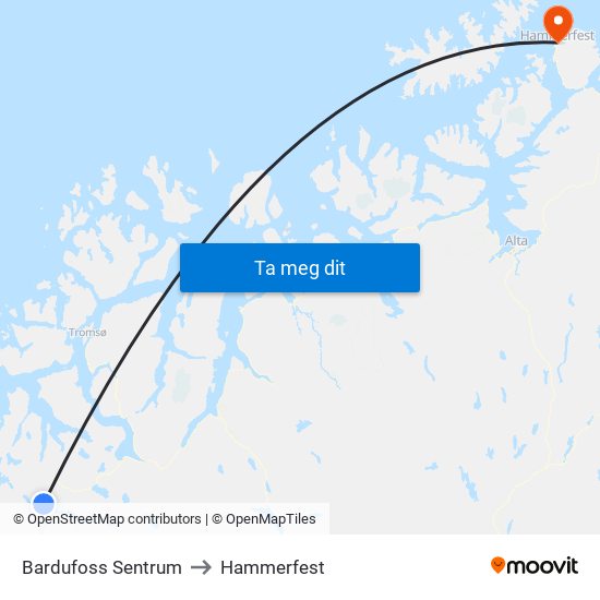 Bardufoss Sentrum to Hammerfest map