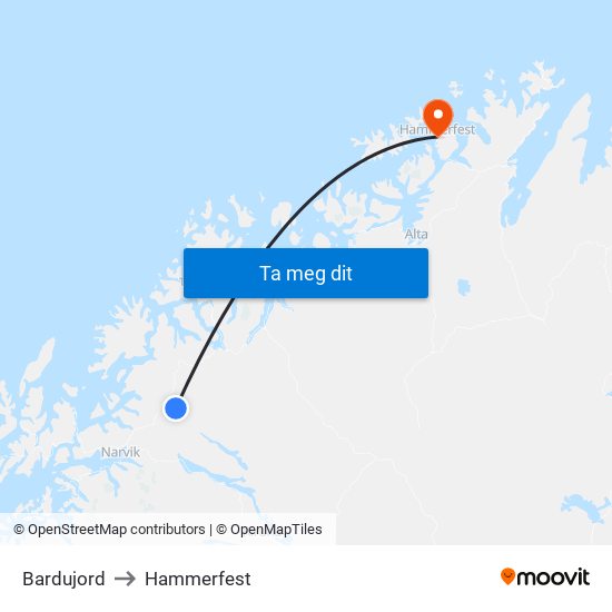 Bardujord to Hammerfest map