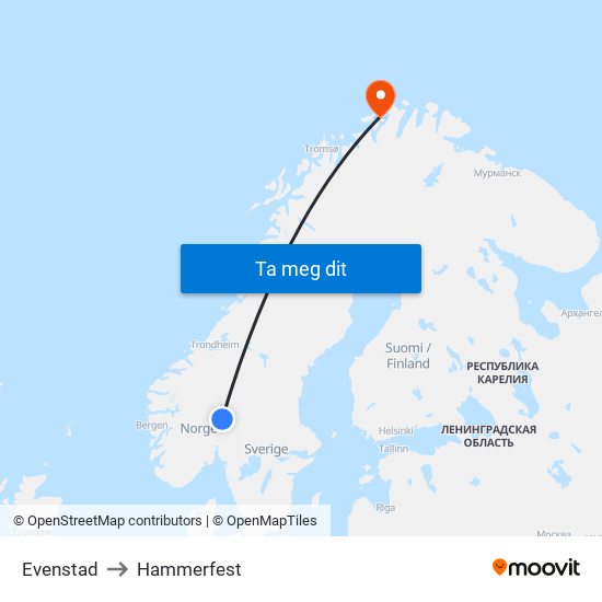 Evenstad to Hammerfest map