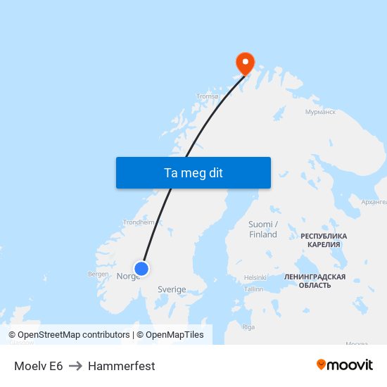 Moelv E6 to Hammerfest map