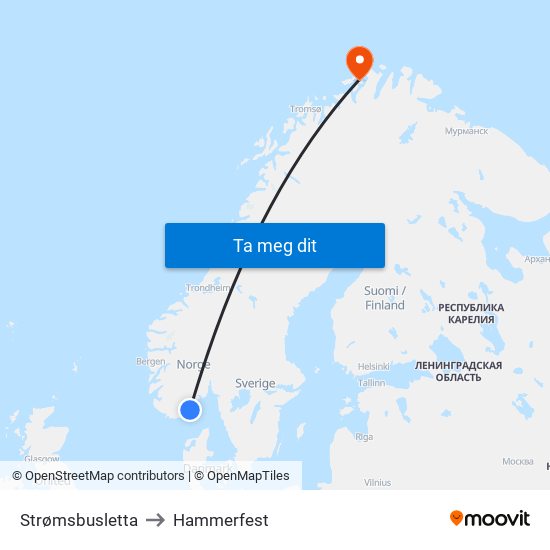 Strømsbusletta to Hammerfest map
