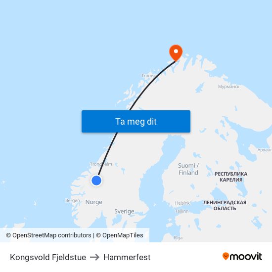 Kongsvold Fjeldstue to Hammerfest map