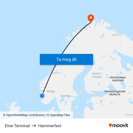 Etne Terminal to Hammerfest map