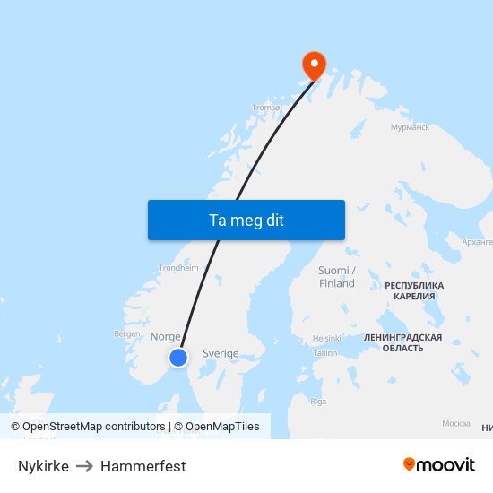 Nykirke to Hammerfest map
