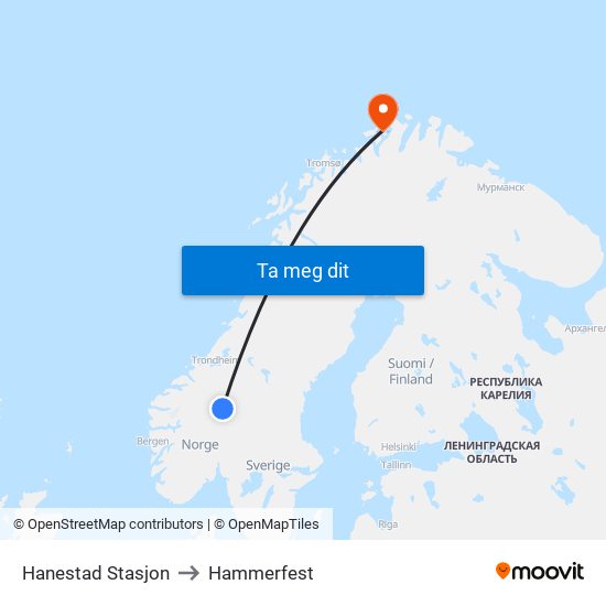 Hanestad Stasjon to Hammerfest map