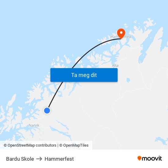 Bardu Skole to Hammerfest map