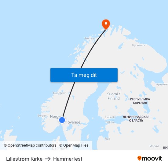 Lillestrøm Kirke to Hammerfest map