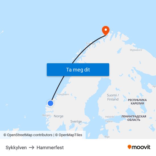 Sykkylven to Hammerfest map