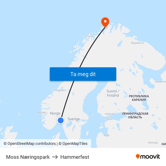 Moss Næringspark to Hammerfest map