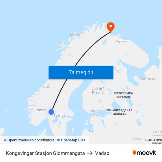 Kongsvinger Stasjon Glommengata to Vadsø map