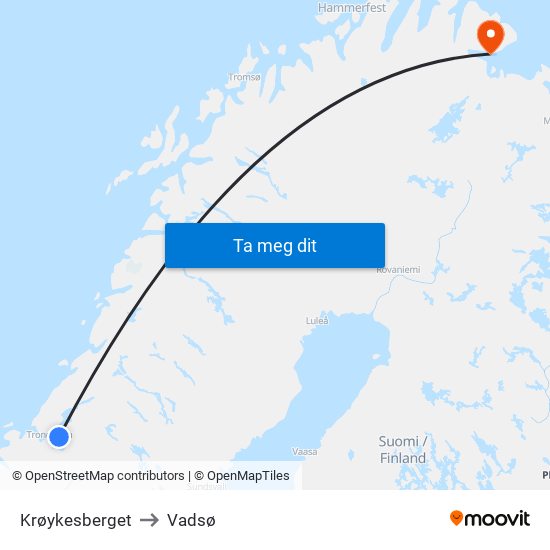 Krøykesberget to Vadsø map