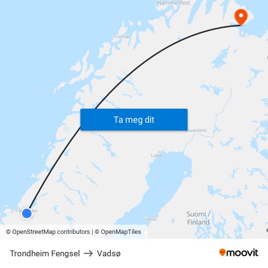 Trondheim Fengsel to Vadsø map