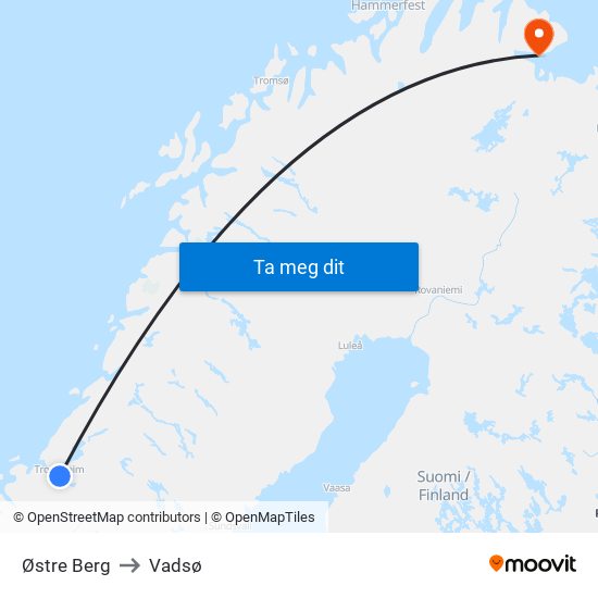 Østre Berg to Vadsø map