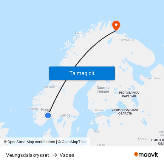 Veungsdalskrysset to Vadsø map