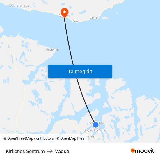 Kirkenes Sentrum to Vadsø map