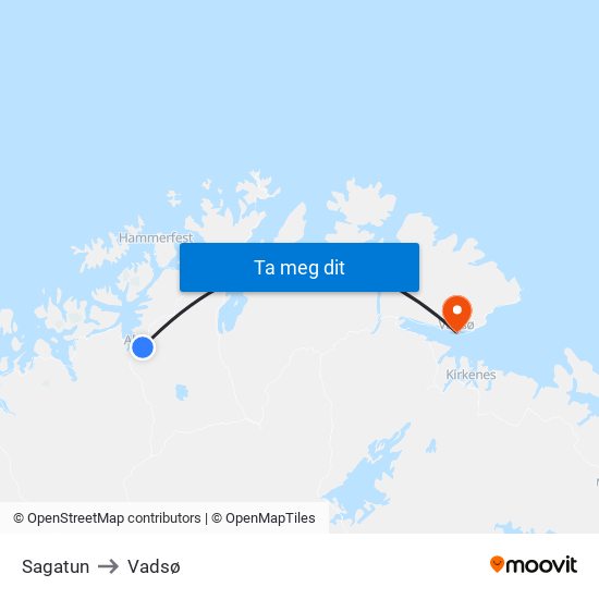 Sagatun to Vadsø map