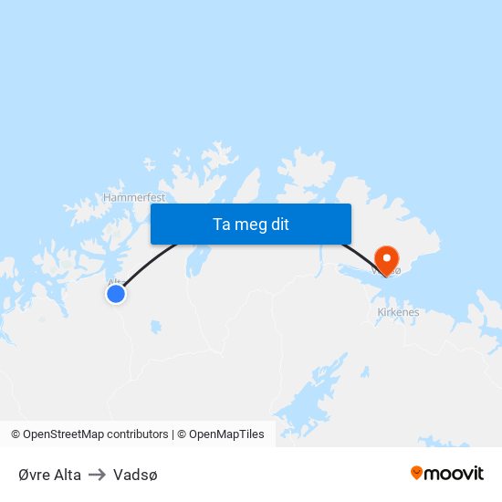 Øvre Alta to Vadsø map