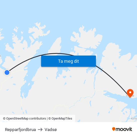 Repparfjordbrua to Vadsø map