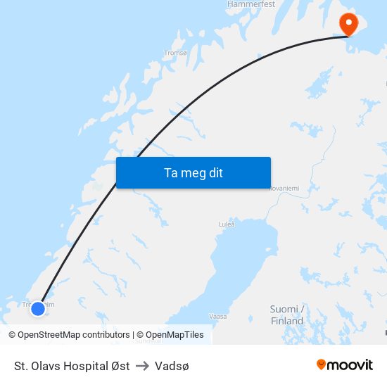 St. Olavs Hospital Øst to Vadsø map