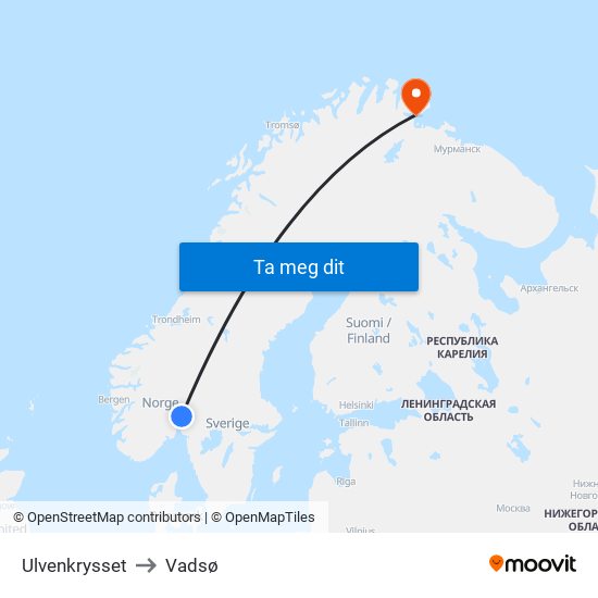 Ulvenkrysset to Vadsø map