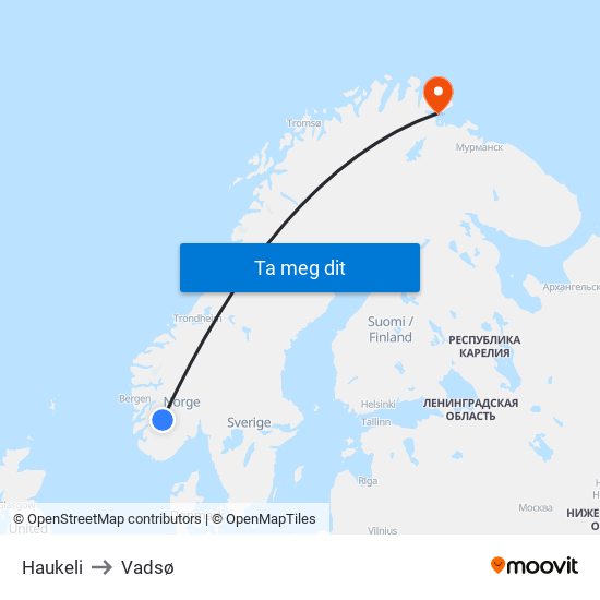 Haukeli to Vadsø map