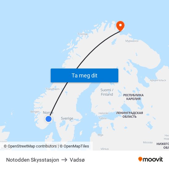 Notodden Skysstasjon to Vadsø map