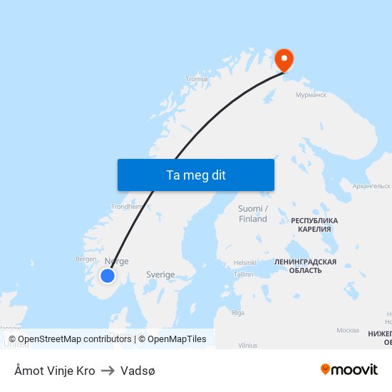 Åmot Vinje Kro to Vadsø map
