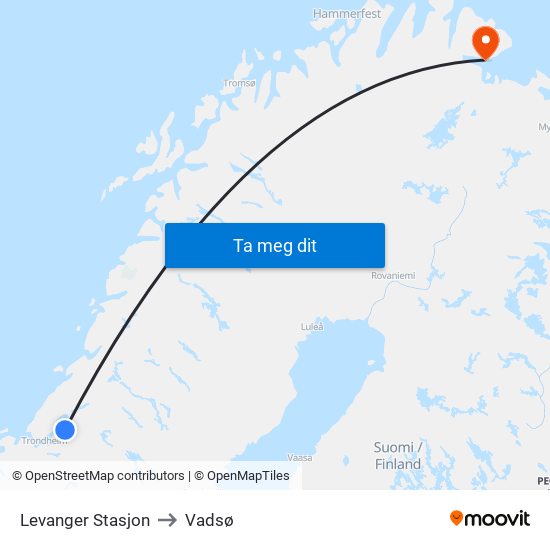 Levanger Stasjon to Vadsø map