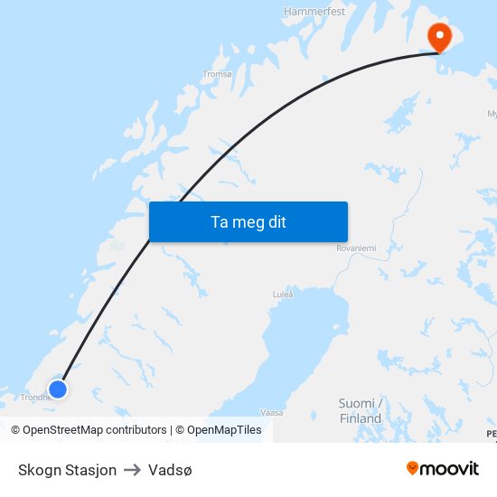 Skogn Stasjon to Vadsø map