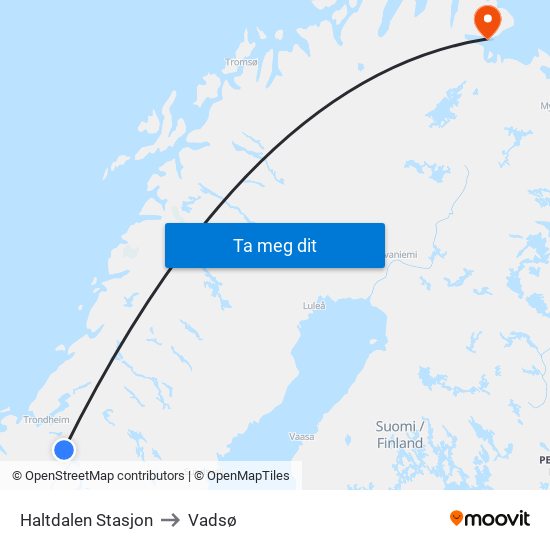 Haltdalen Stasjon to Vadsø map
