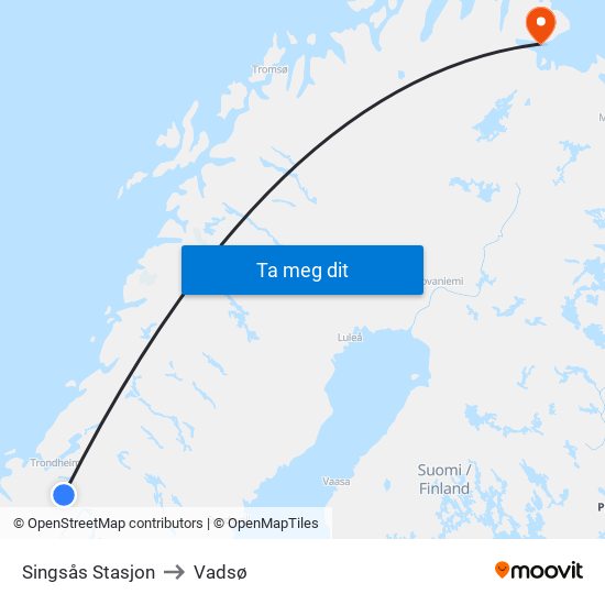 Singsås Stasjon to Vadsø map