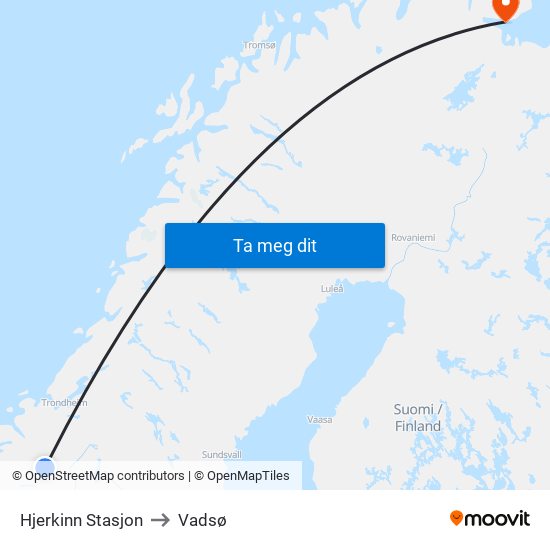 Hjerkinn Stasjon to Vadsø map