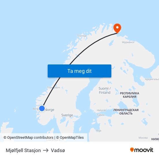 Mjølfjell Stasjon to Vadsø map