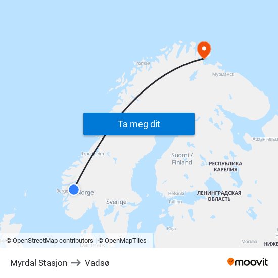 Myrdal Stasjon to Vadsø map