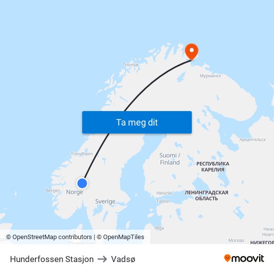 Hunderfossen Stasjon to Vadsø map