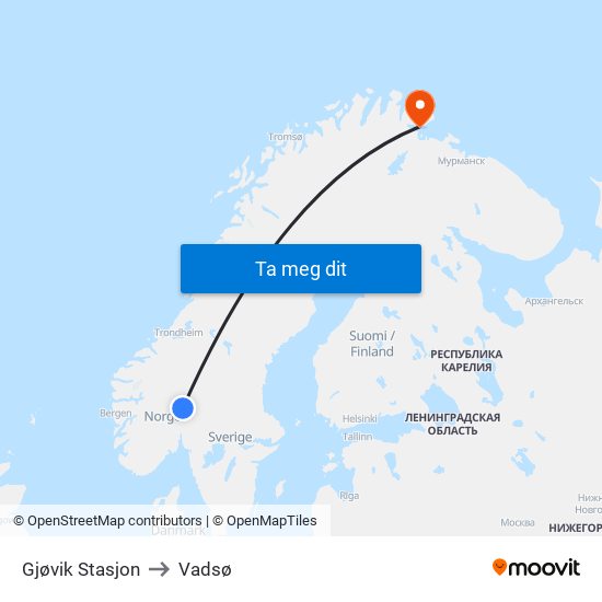 Gjøvik Stasjon to Vadsø map