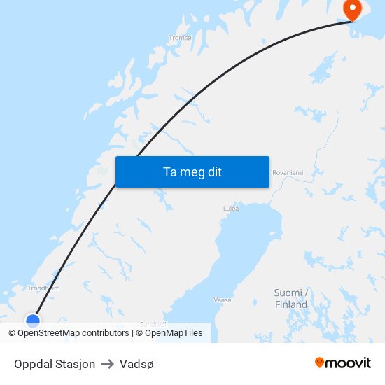 Oppdal Stasjon to Vadsø map